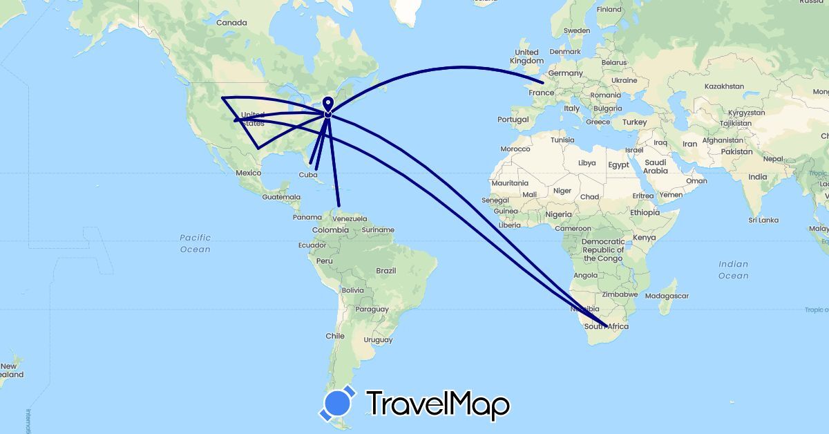 TravelMap itinerary: driving in Bahamas, France, Netherlands, United States, South Africa (Africa, Europe, North America)